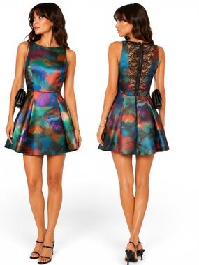 Alice + Olivia Belia Watercolor Fit & Flare Lace Back Dress 2 NWT